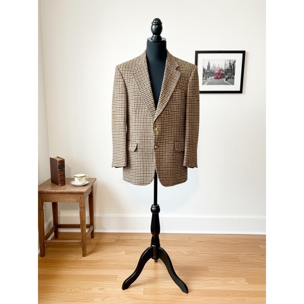 Vintage Lands' End Harris Tweed Blazer Mens 44R Large Wool Houndstooth Coat